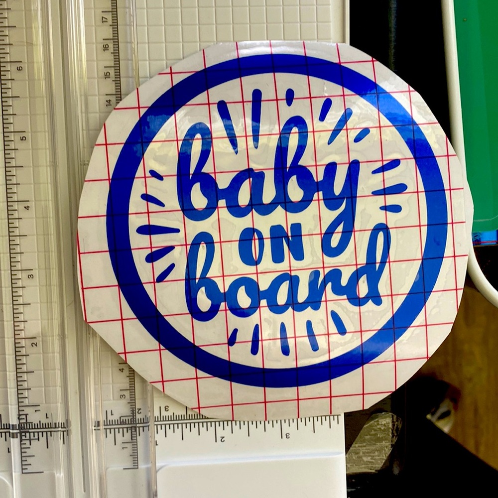 Decal for car window, vibrant blue “BABY ON BOARD”
